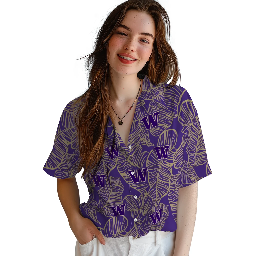 Washington Huskies Hawaiian Shirt - Leaf Outline washington huskies leaf outline purple hawaiian shirts latest model