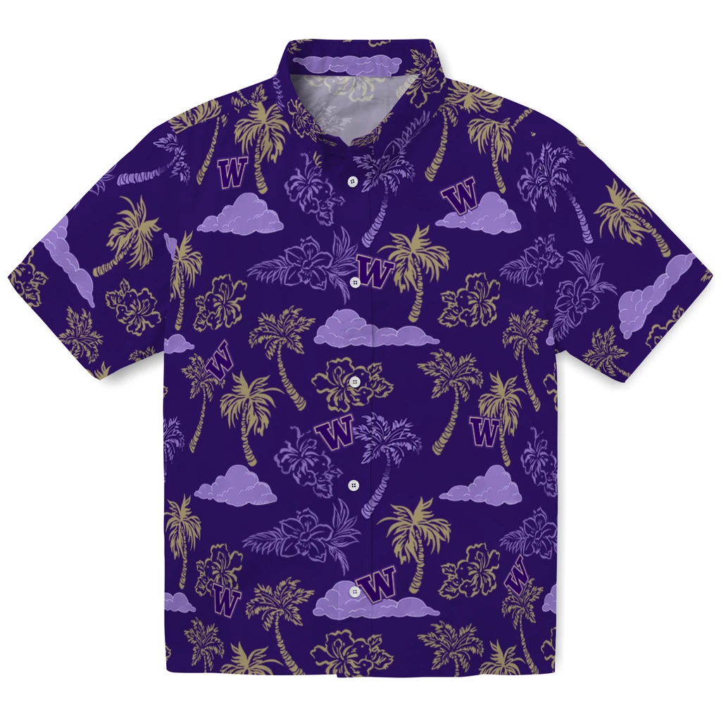Washington Huskies Hawaiian Shirt - Palm And Clouds washington huskies palm and clouds purple hawaiian shirts best selling