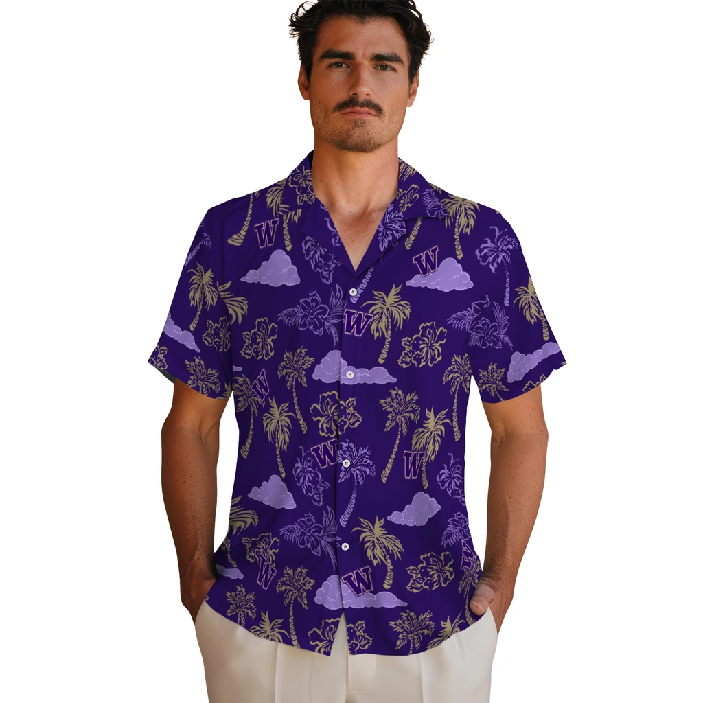 Washington Huskies Hawaiian Shirt - Palm And Clouds washington huskies palm and clouds purple hawaiian shirts fashion forward