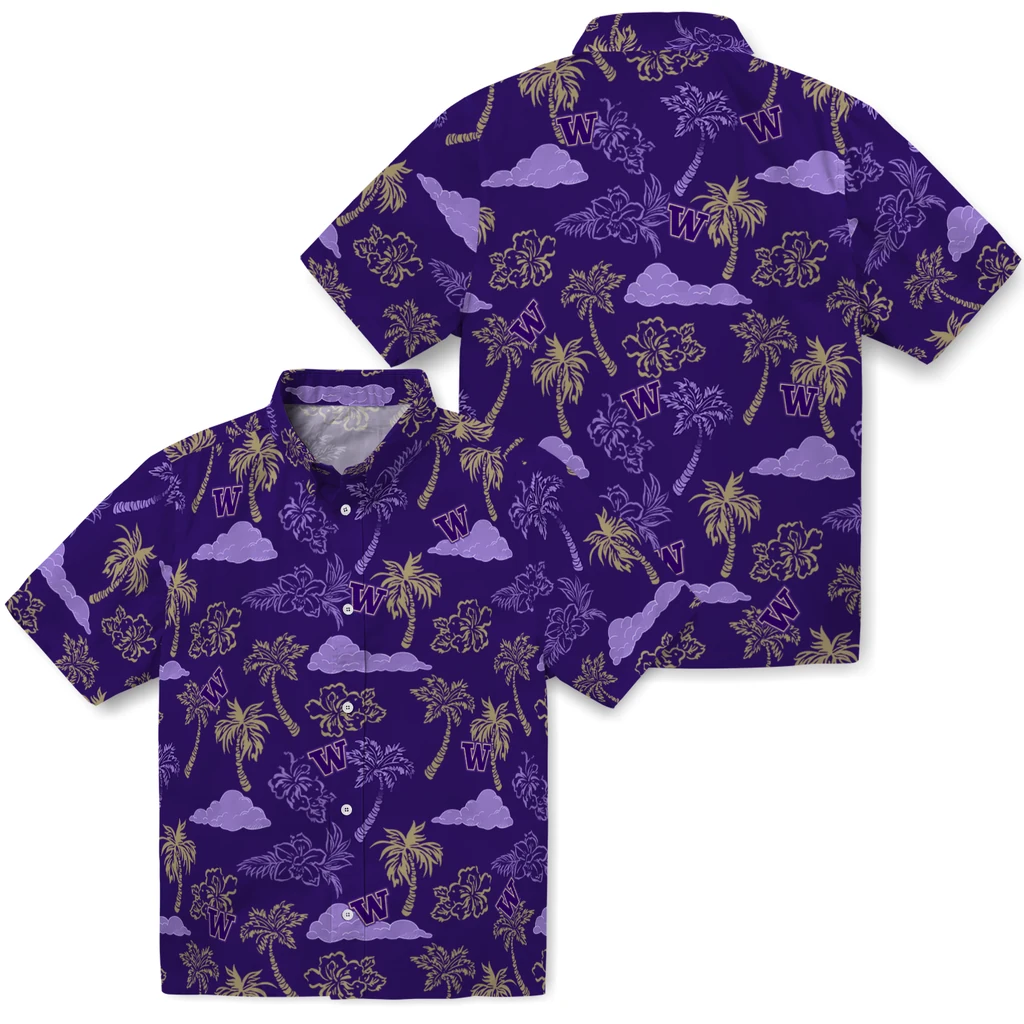Washington Huskies Hawaiian Shirt - Palm And Clouds washington huskies palm and clouds purple hawaiian shirts high quality