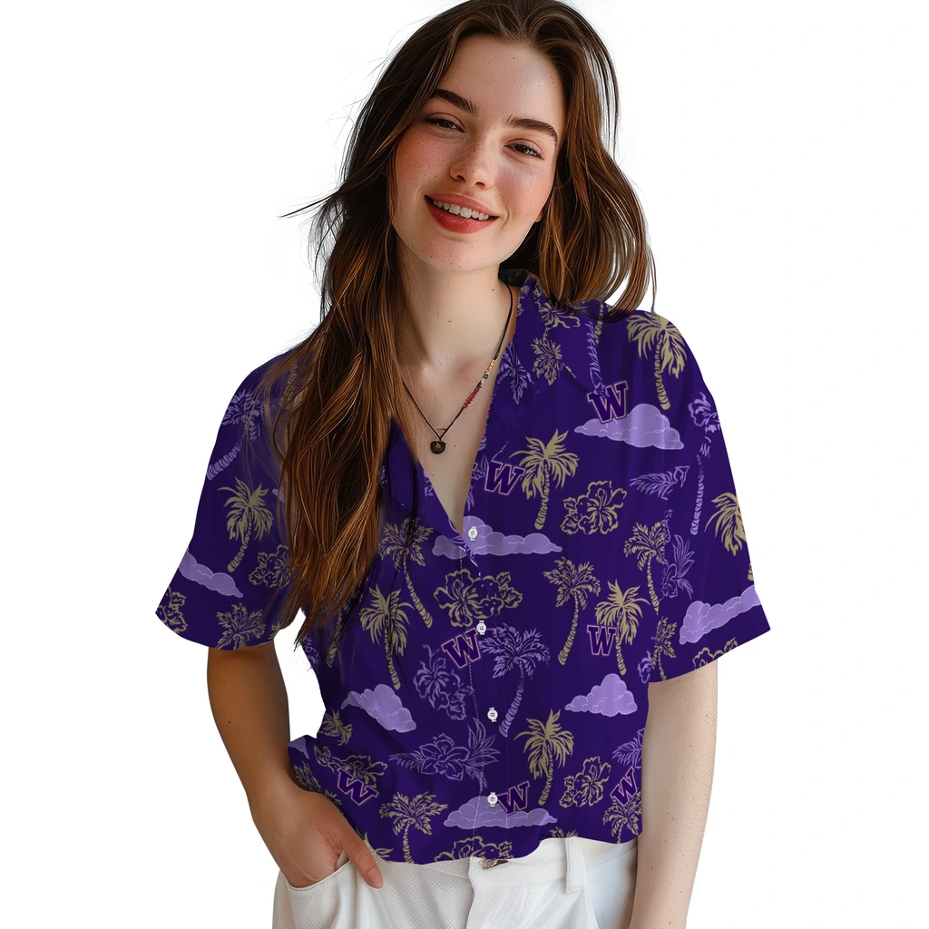 Washington Huskies Hawaiian Shirt - Palm And Clouds washington huskies palm and clouds purple hawaiian shirts latest model