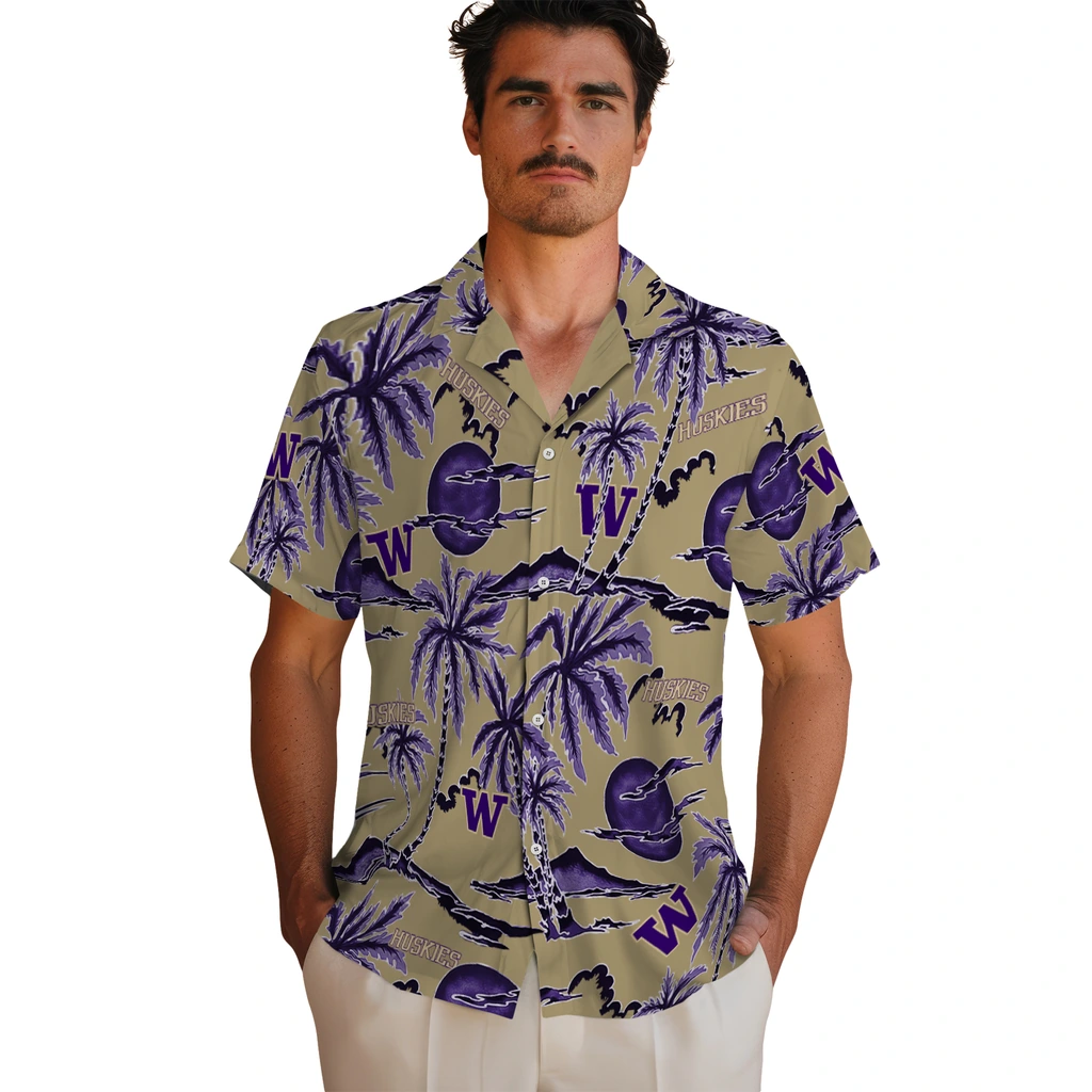 Washington Huskies Hawaiian Shirt - Palm Sunset washington huskies palm sunset hawaiian shirts fashion forward