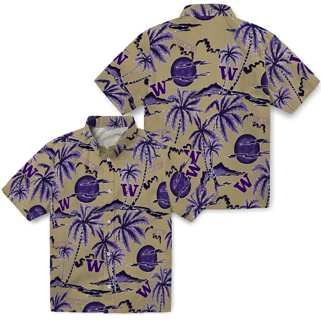 Washington Huskies Hawaiian Shirt - Palm Sunset washington huskies palm sunset hawaiian shirts high quality