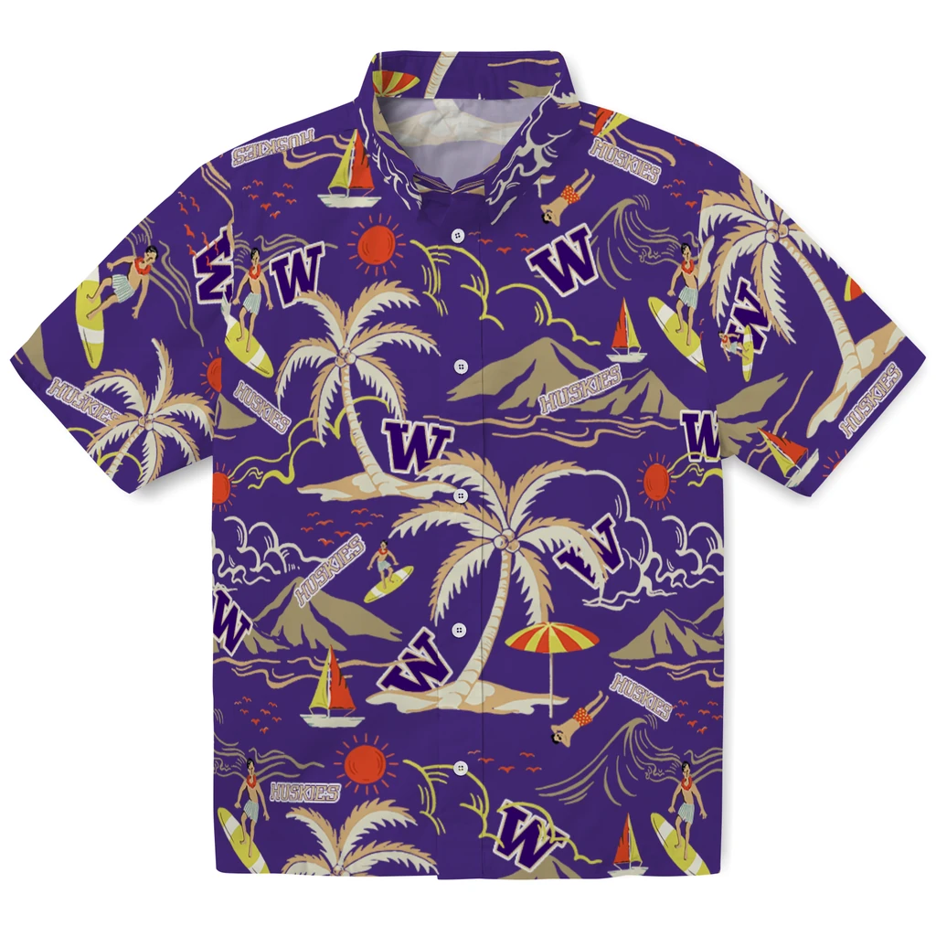 Washington Huskies Hawaiian Shirt - Palm Tree Island washington huskies palm tree island purple hawaiian shirts best selling