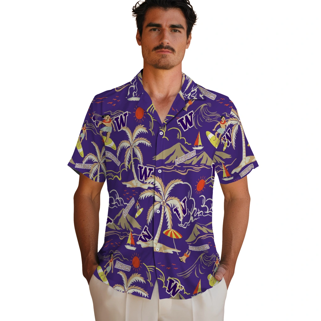 Washington Huskies Hawaiian Shirt - Palm Tree Island washington huskies palm tree island purple hawaiian shirts fashion forward