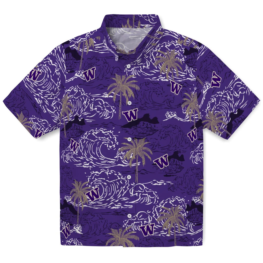 Washington Huskies Hawaiian Shirt - Wave Palm washington huskies wave palm purple hawaiian shirts best selling