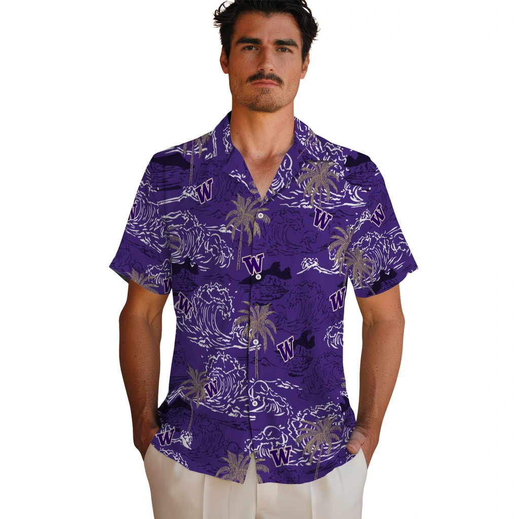 Washington Huskies Hawaiian Shirt - Wave Palm washington huskies wave palm purple hawaiian shirts fashion forward