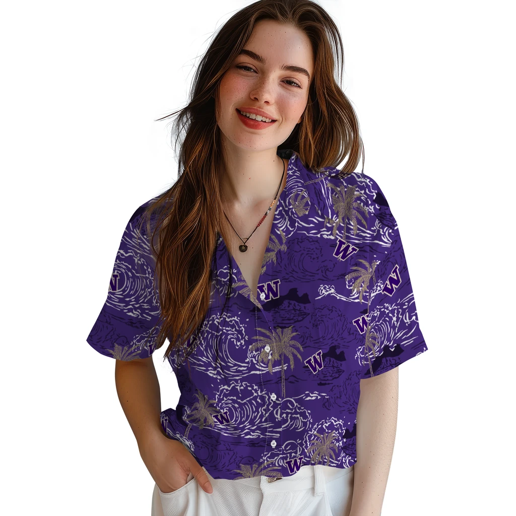 Washington Huskies Hawaiian Shirt - Wave Palm washington huskies wave palm purple hawaiian shirts latest model