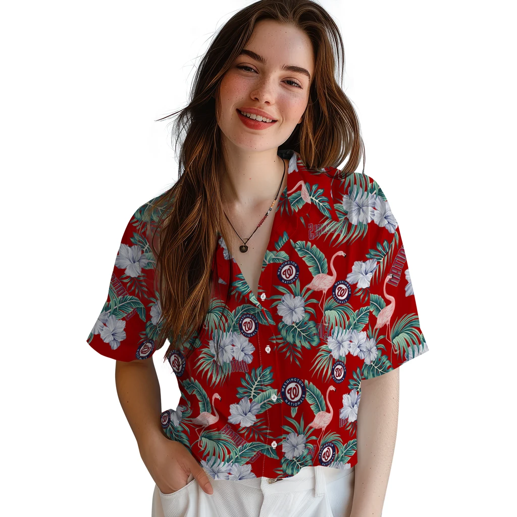 Washington Nationals Hawaiian Shirt - Flamingo and Hibiscus washington nationals flamingo palms red hawaiian shirts latest model