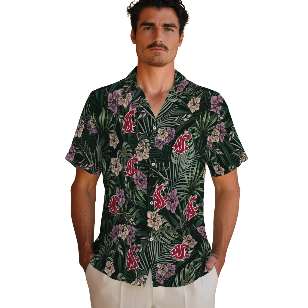 Washington State Cougars Hawaiian Shirt - Hibiscus Leaves Pattern washington state cougars hibiscus leaves pattern green hawaiian shirts fashion forward