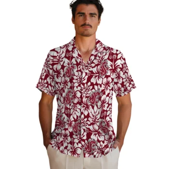 washington state cougars hibiscus motif crimson white hawaiian shirts fashion forward