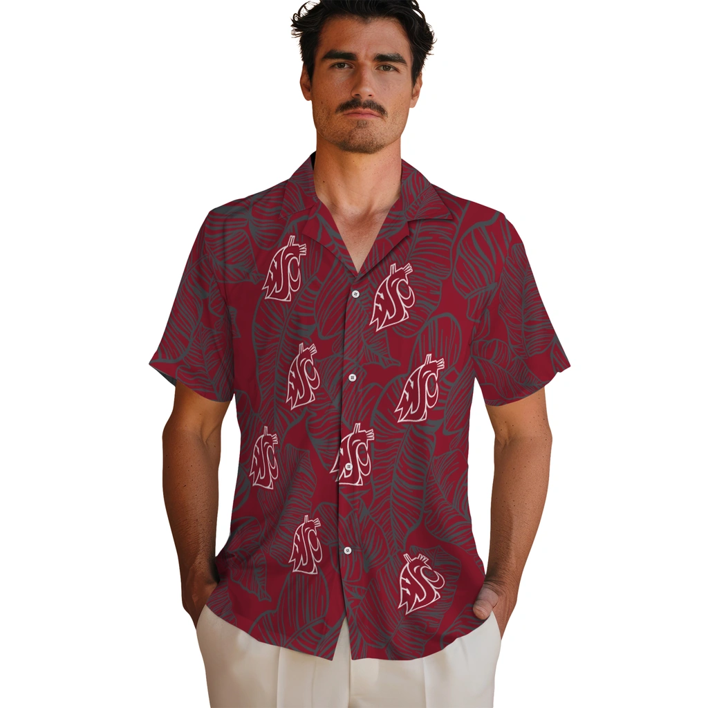 Washington State Cougars Hawaiian Shirt - Leaf Outline washington state cougars leaf outline crimson hawaiian shirts fashion forward