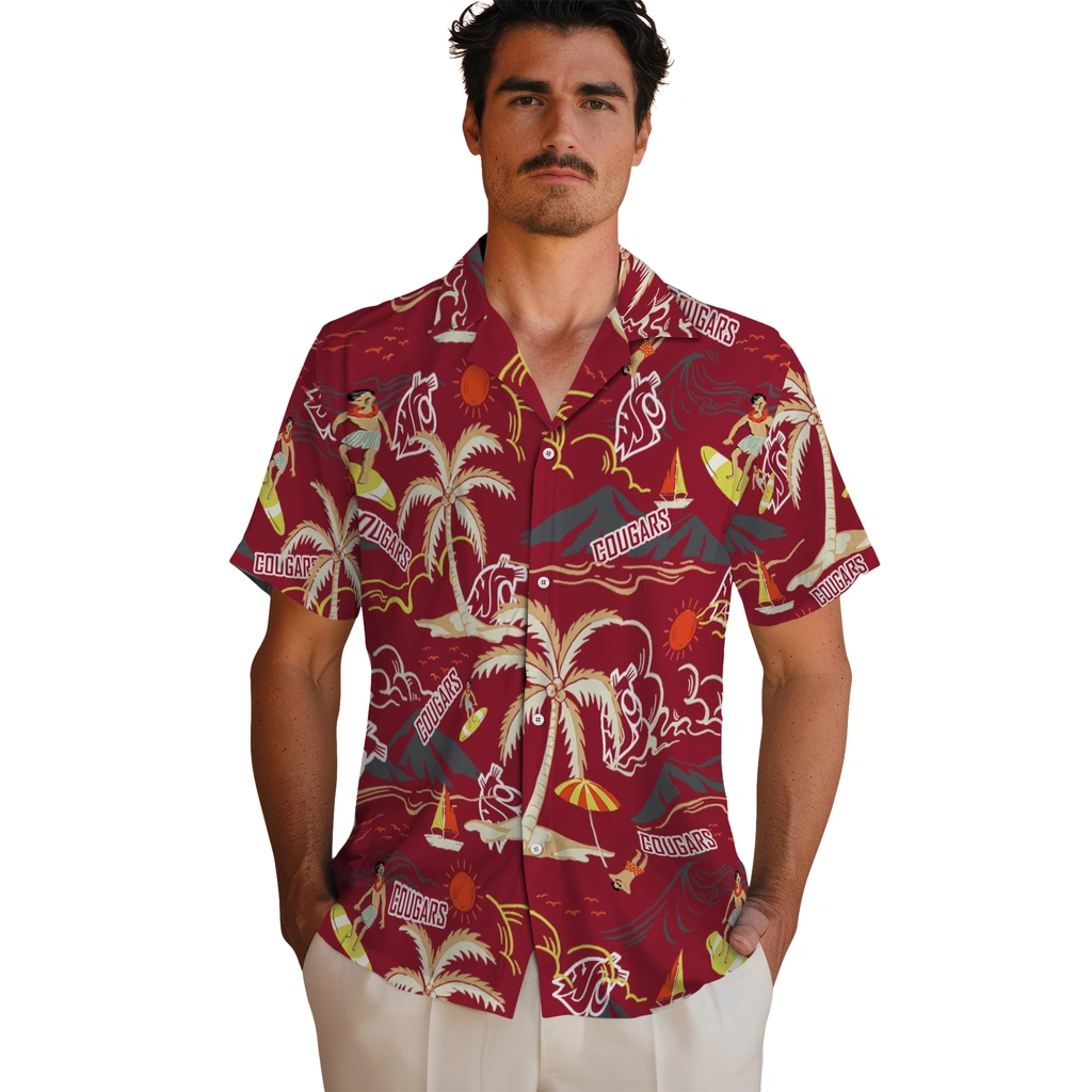 Washington State Cougars Hawaiian Shirt - Palm Tree Island washington state cougars palm tree island crimson hawaiian shirts fashion forward