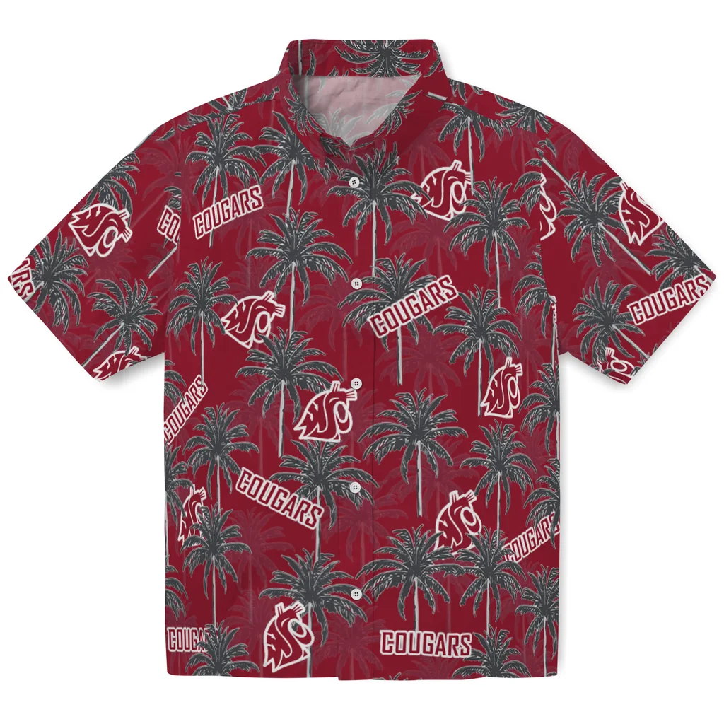 Washington State Cougars Hawaiian Shirt - Palm Tree Motif washington state cougars palm grove crimson hawaiian shirts best selling