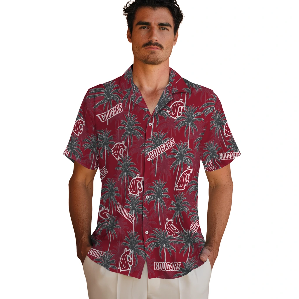 Washington State Cougars Hawaiian Shirt - Palm Tree Motif washington state cougars palm grove crimson hawaiian shirts fashion forward