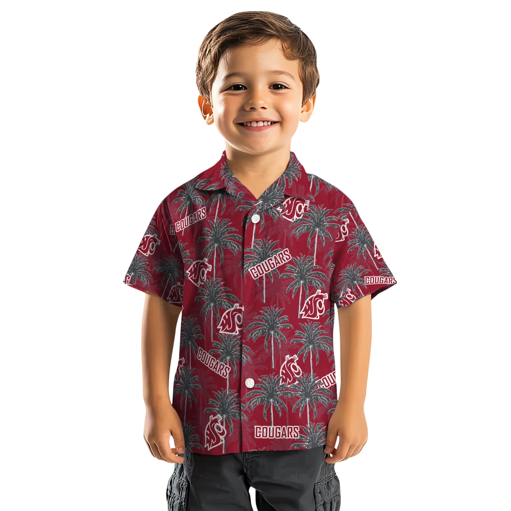Washington State Cougars Hawaiian Shirt - Palm Tree Motif washington state cougars palm grove crimson hawaiian shirts top rated