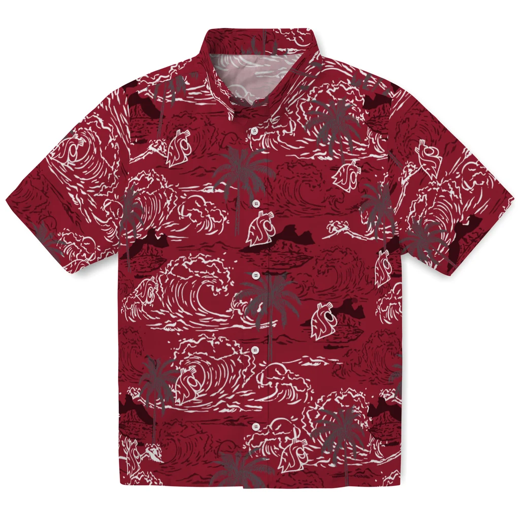 Washington State Cougars Hawaiian Shirt - Wave Palm washington state cougars wave palm crimson hawaiian shirts best selling