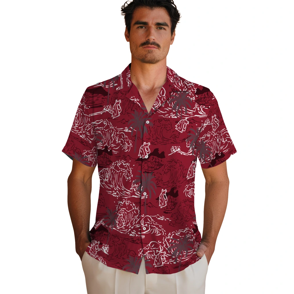Washington State Cougars Hawaiian Shirt - Wave Palm washington state cougars wave palm crimson hawaiian shirts fashion forward