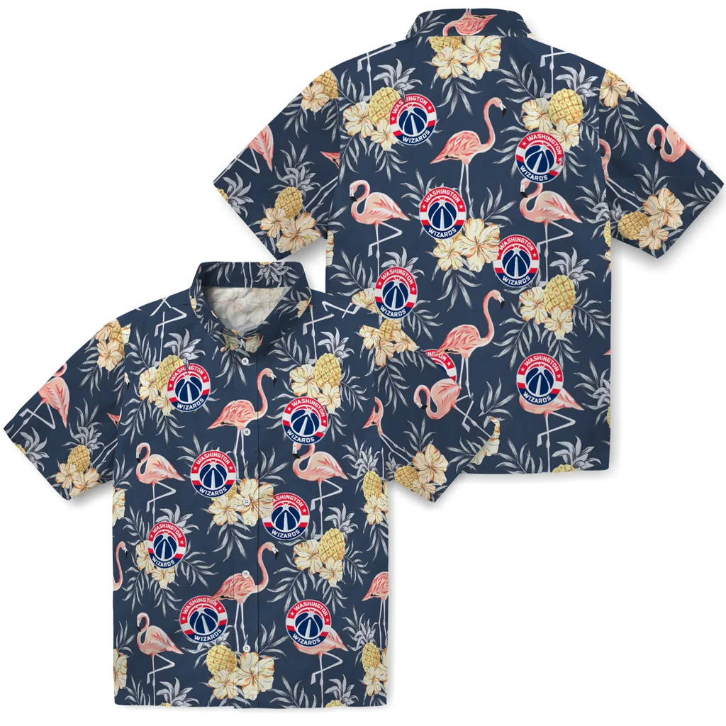 Washington Wizards Hawaiian Shirt - Flamingo Hibiscus washington wizards flamingo hibiscus navy hawaiian shirts high quality
