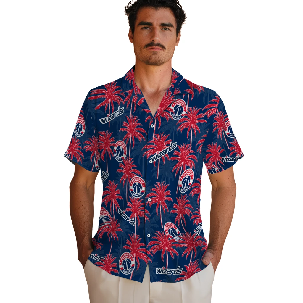 Washington Wizards Hawaiian Shirt - Palm Tree Motif washington wizards palm grove blue hawaiian shirts fashion forward