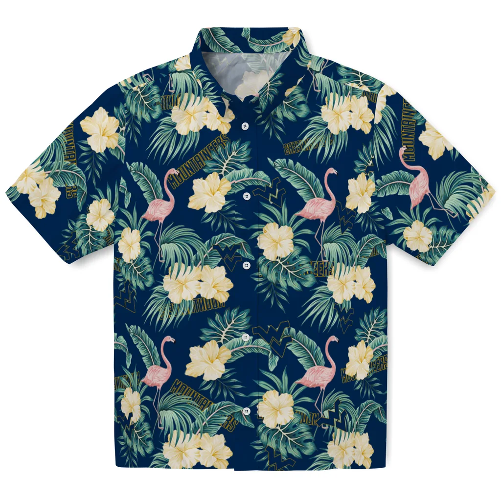 West Virginia Mountaineers Hawaiian Shirt - Flamingo and Hibiscus west virginia mountaineers flamingo palms blue hawaiian shirts best selling