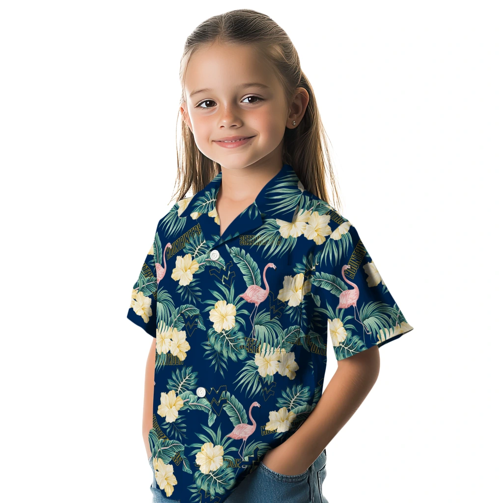 West Virginia Mountaineers Hawaiian Shirt - Flamingo and Hibiscus west virginia mountaineers flamingo palms blue hawaiian shirts premium grade