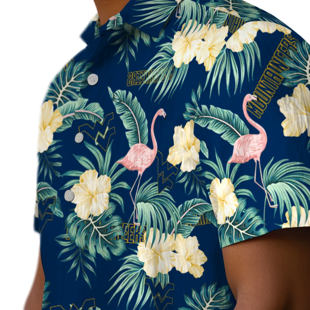 West Virginia Mountaineers Hawaiian Shirt - Flamingo and Hibiscus west virginia mountaineers flamingo palms blue hawaiian shirts trendy