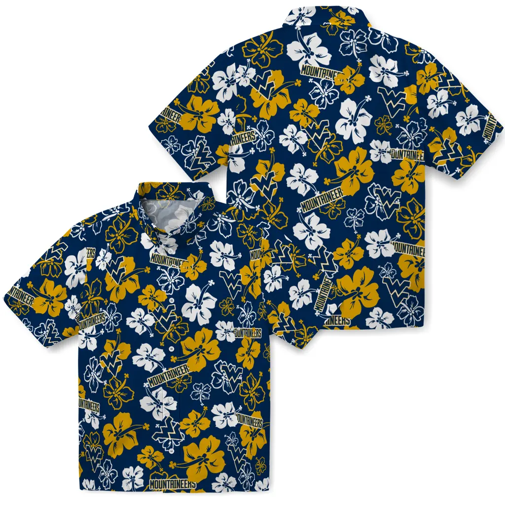 West Virginia Mountaineers Hawaiian Shirt - Hibiscus Flower Design west virginia mountaineers hibiscus bloom blue hawaiian shirts high quality
