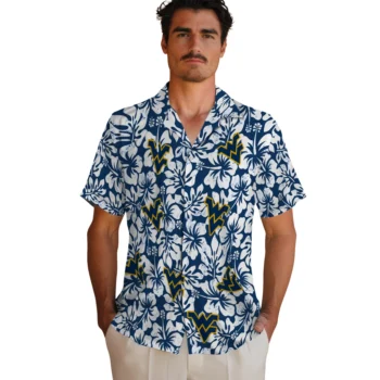 west virginia mountaineers hibiscus motif blue white hawaiian shirts fashion forward