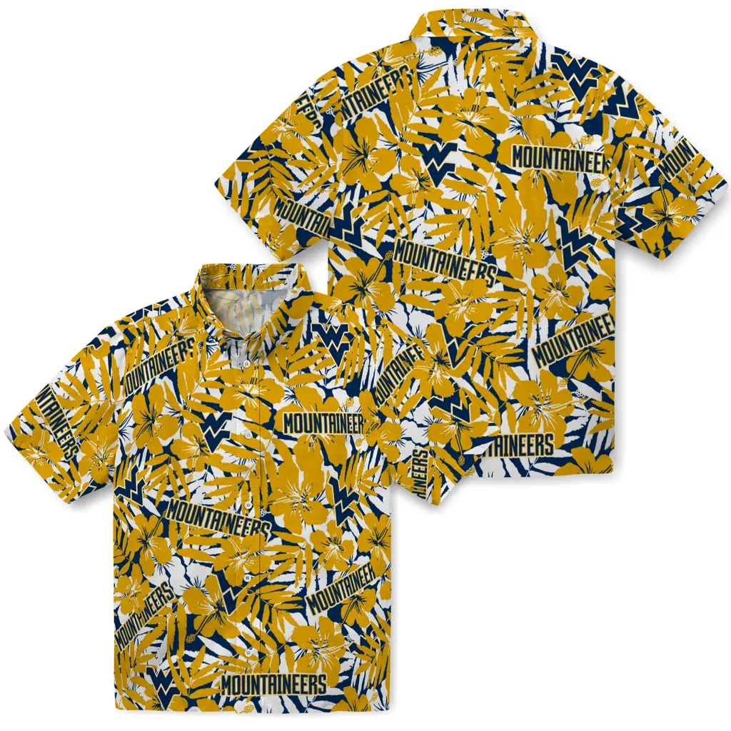 West Virginia Mountaineers Hawaiian Shirt - Hibiscus Overlay west virginia mountaineers hibiscus overlay hawaiian shirts high quality