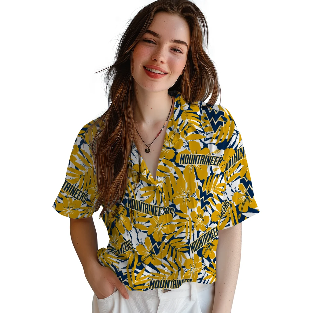 West Virginia Mountaineers Hawaiian Shirt - Hibiscus Overlay west virginia mountaineers hibiscus overlay hawaiian shirts latest model