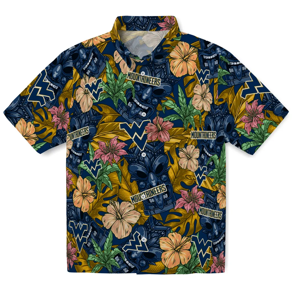 West Virginia Mountaineers Hawaiian Shirt - Hibiscus Tiki Jungle west virginia mountaineers tiki jungle blue hawaiian shirts best selling