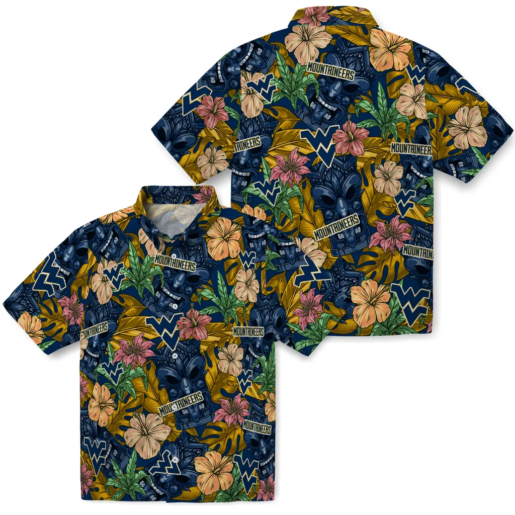 West Virginia Mountaineers Hawaiian Shirt - Hibiscus Tiki Jungle west virginia mountaineers tiki jungle blue hawaiian shirts high quality