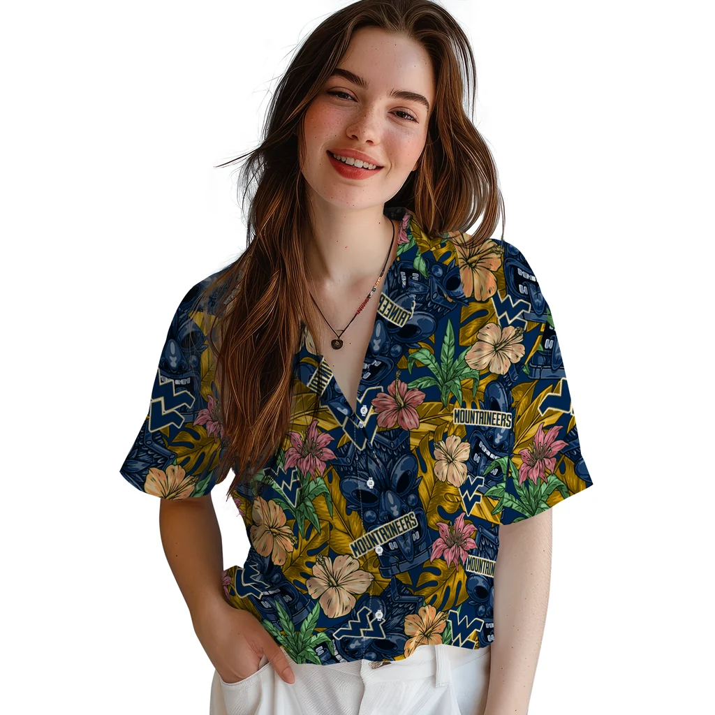 West Virginia Mountaineers Hawaiian Shirt - Hibiscus Tiki Jungle west virginia mountaineers tiki jungle blue hawaiian shirts latest model