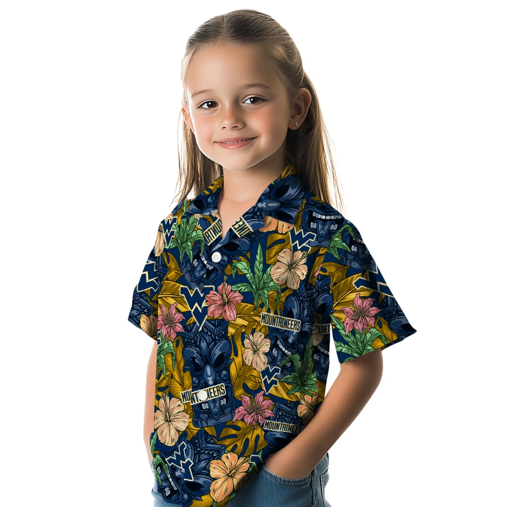 West Virginia Mountaineers Hawaiian Shirt - Hibiscus Tiki Jungle west virginia mountaineers tiki jungle blue hawaiian shirts premium grade