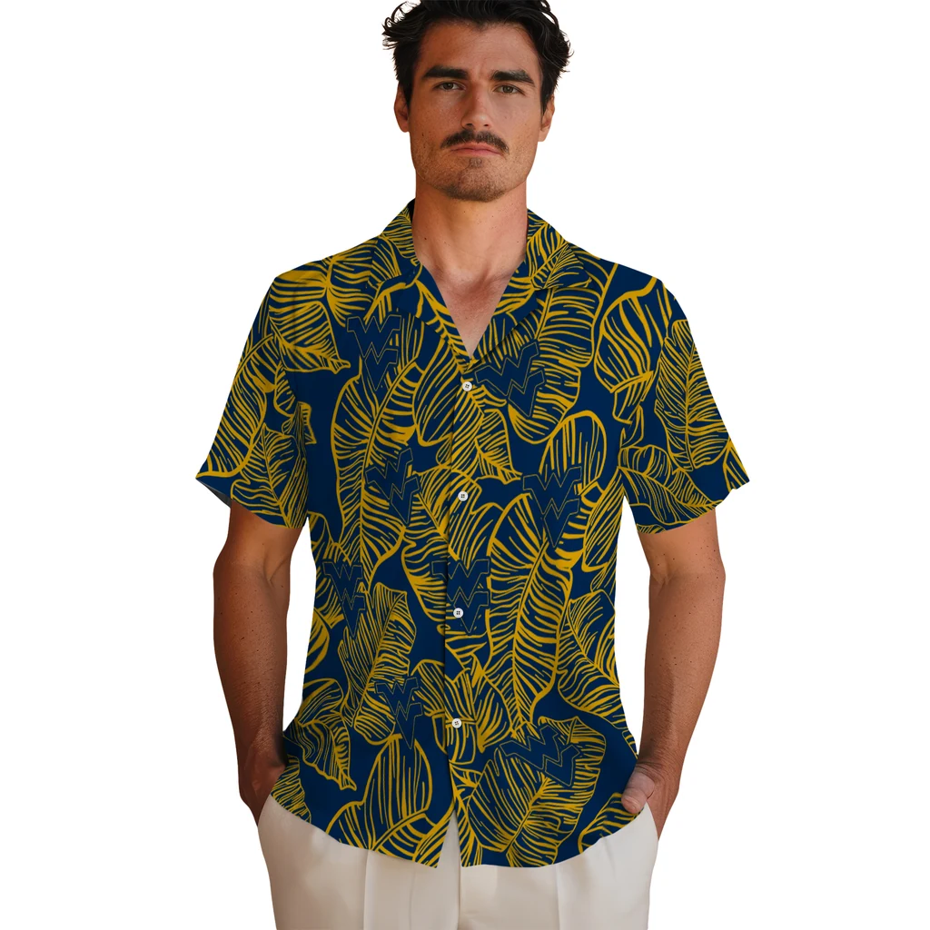 West Virginia Mountaineers Hawaiian Shirt - Leaf Outline west virginia mountaineers leaf outline blue hawaiian shirts fashion forward
