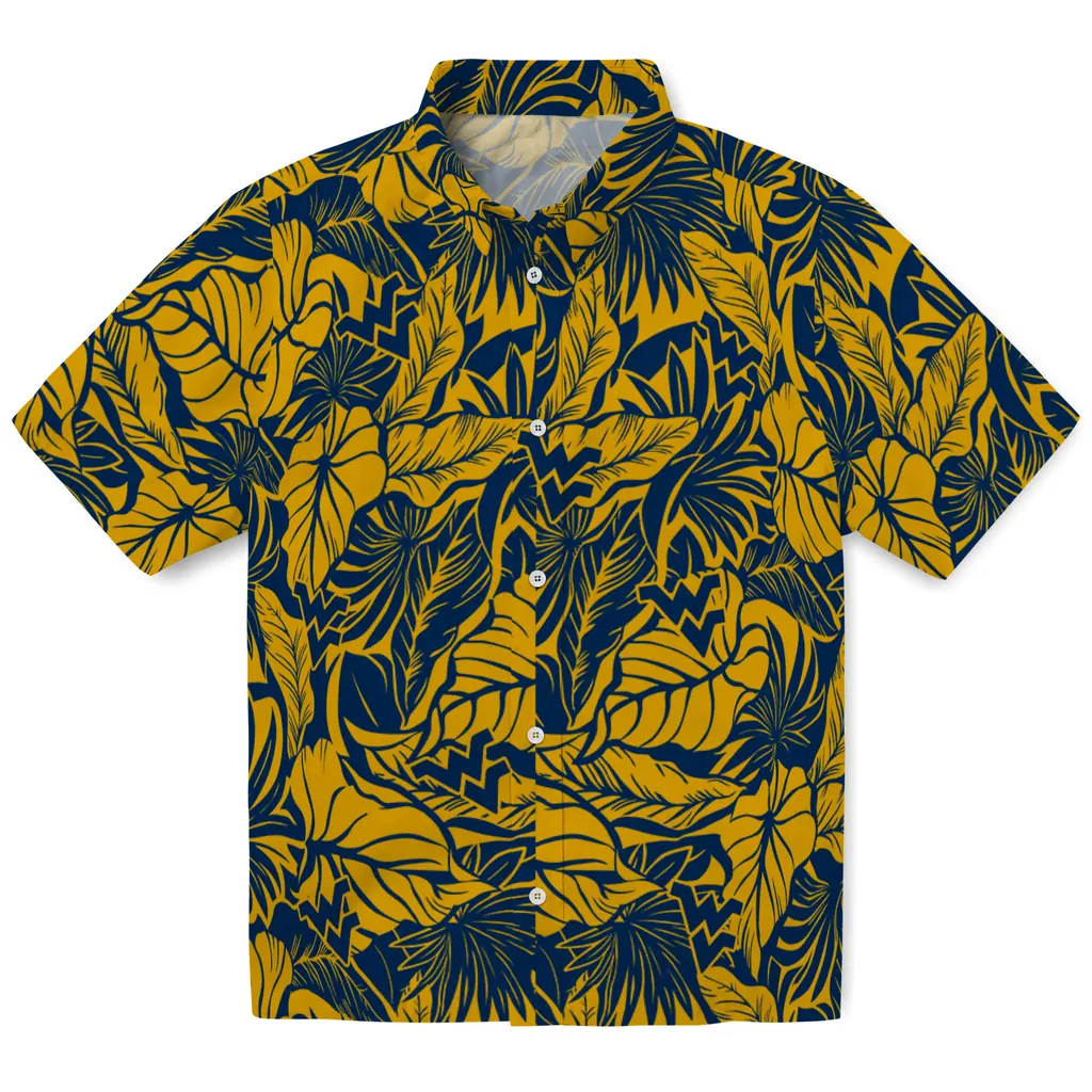 West Virginia Mountaineers Hawaiian Shirt - Monstera Layer west virginia mountaineers monstera layer blue hawaiian shirts best selling