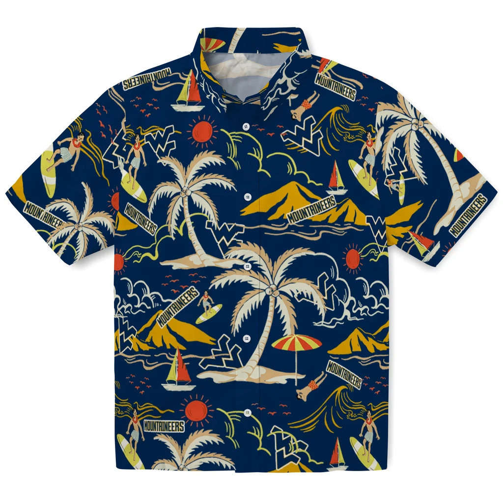 West Virginia Mountaineers Hawaiian Shirt - Palm Tree Island west virginia mountaineers palm tree island blue hawaiian shirts best selling