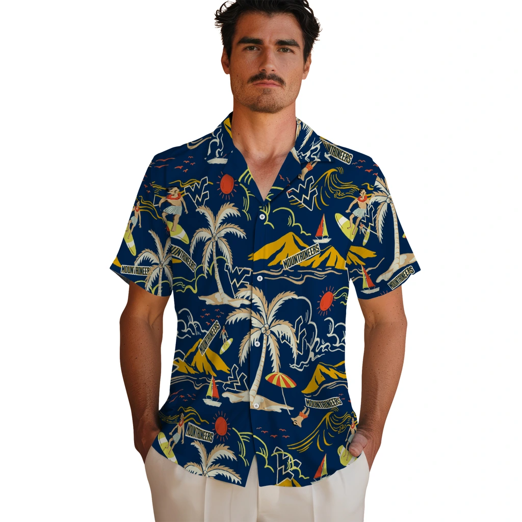 West Virginia Mountaineers Hawaiian Shirt - Palm Tree Island west virginia mountaineers palm tree island blue hawaiian shirts fashion forward