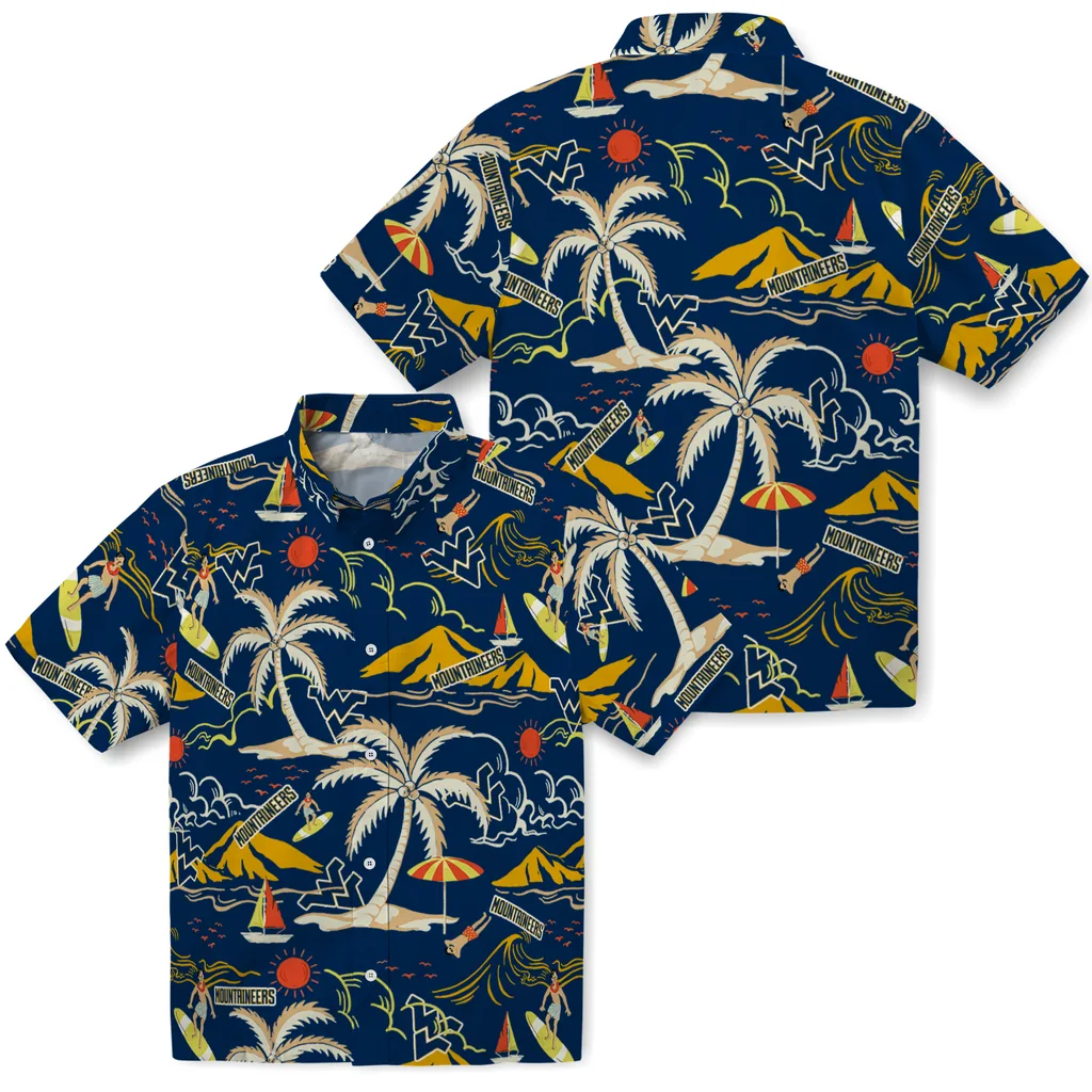 West Virginia Mountaineers Hawaiian Shirt - Palm Tree Island west virginia mountaineers palm tree island blue hawaiian shirts high quality