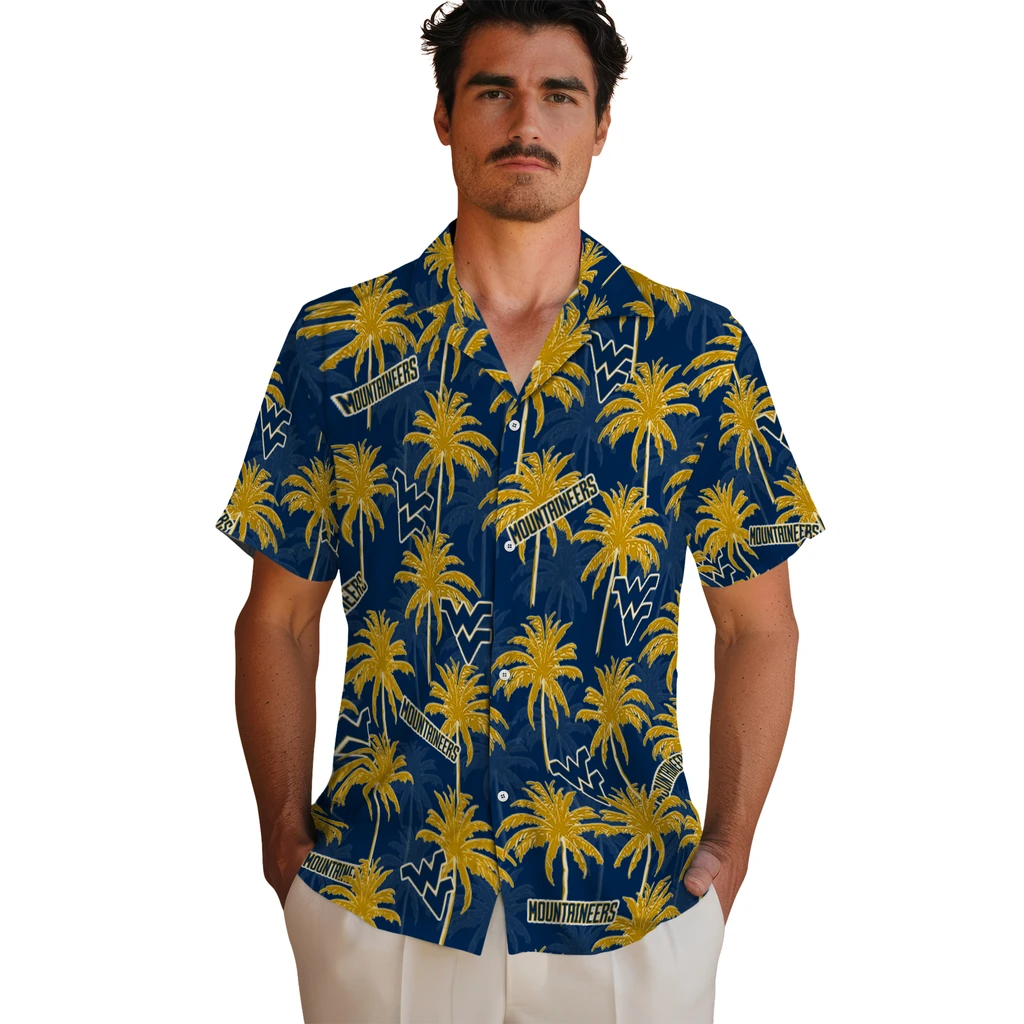West Virginia Mountaineers Hawaiian Shirt - Palm Tree Motif west virginia mountaineers palm grove blue hawaiian shirts fashion forward