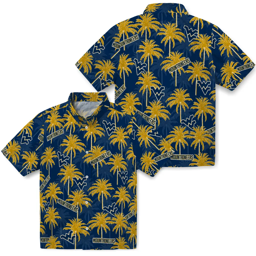 West Virginia Mountaineers Hawaiian Shirt - Palm Tree Motif west virginia mountaineers palm grove blue hawaiian shirts high quality