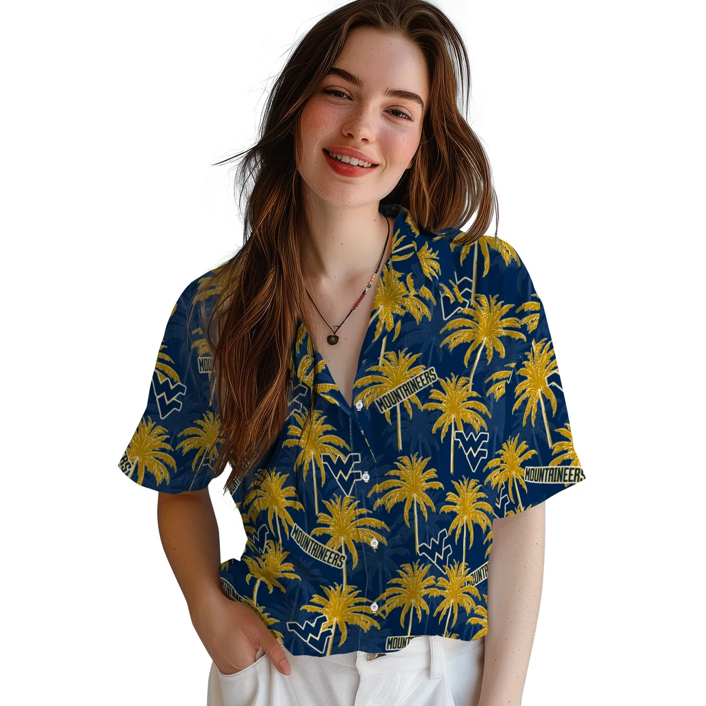 West Virginia Mountaineers Hawaiian Shirt - Palm Tree Motif west virginia mountaineers palm grove blue hawaiian shirts latest model