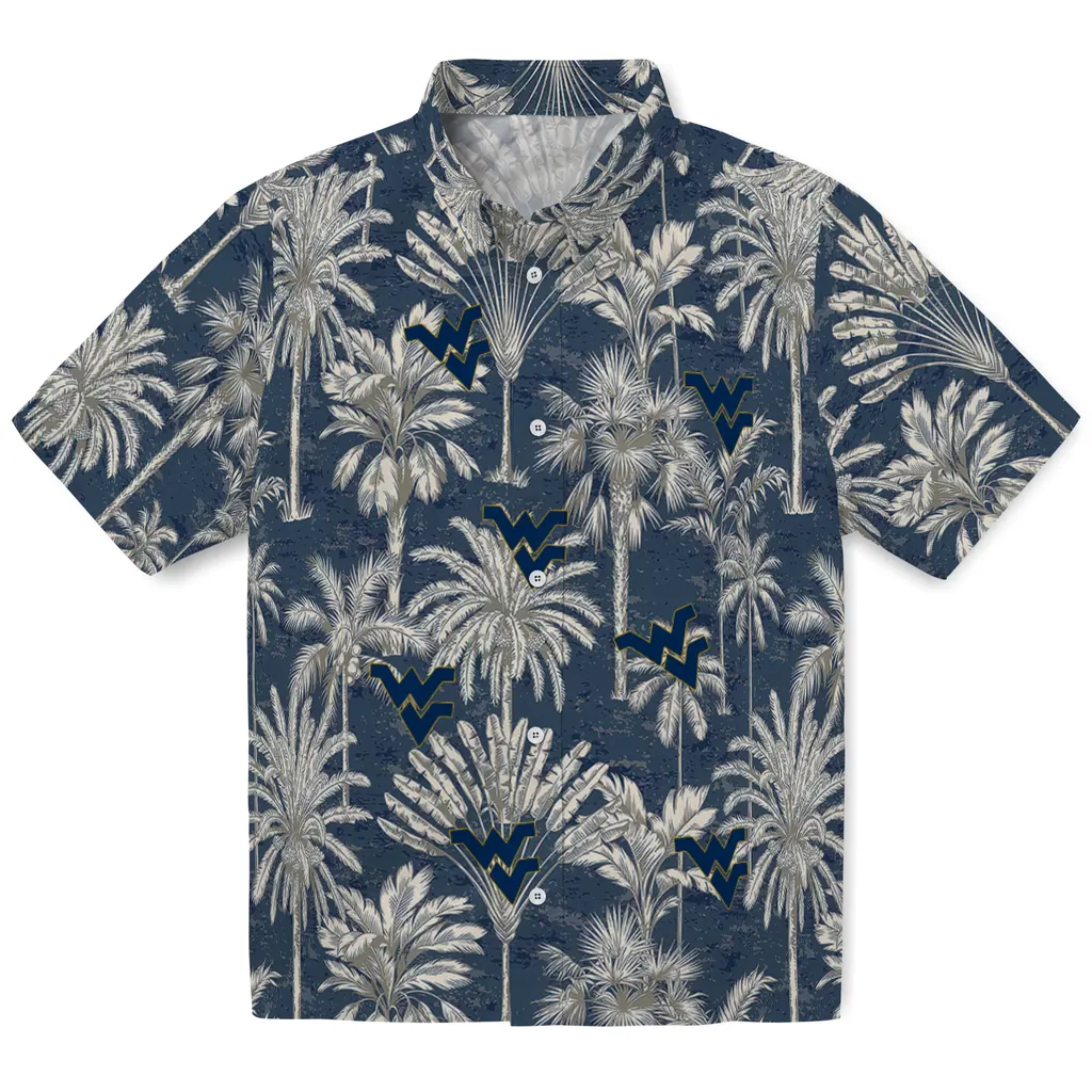 West Virginia Mountaineers Hawaiian Shirt - Vintage Palm Tree west virginia mountaineers palm shadows blue hawaiian shirts best selling