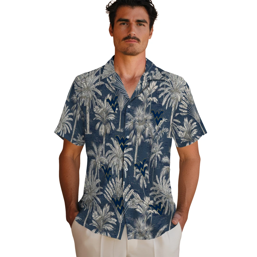West Virginia Mountaineers Hawaiian Shirt - Vintage Palm Tree west virginia mountaineers palm shadows blue hawaiian shirts fashion forward