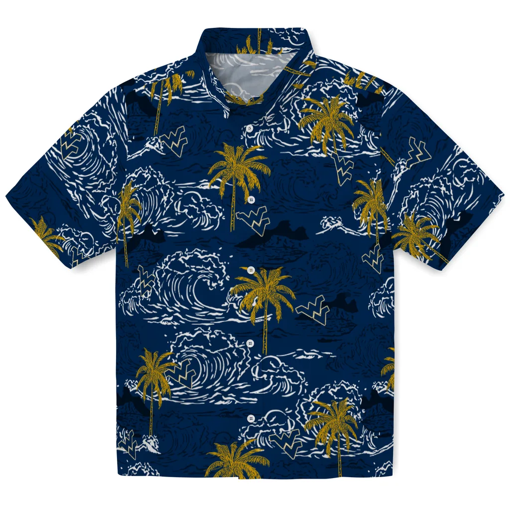 West Virginia Mountaineers Hawaiian Shirt - Wave Palm west virginia mountaineers wave palm blue hawaiian shirts best selling