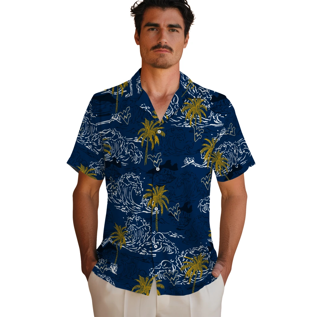 West Virginia Mountaineers Hawaiian Shirt - Wave Palm west virginia mountaineers wave palm blue hawaiian shirts fashion forward