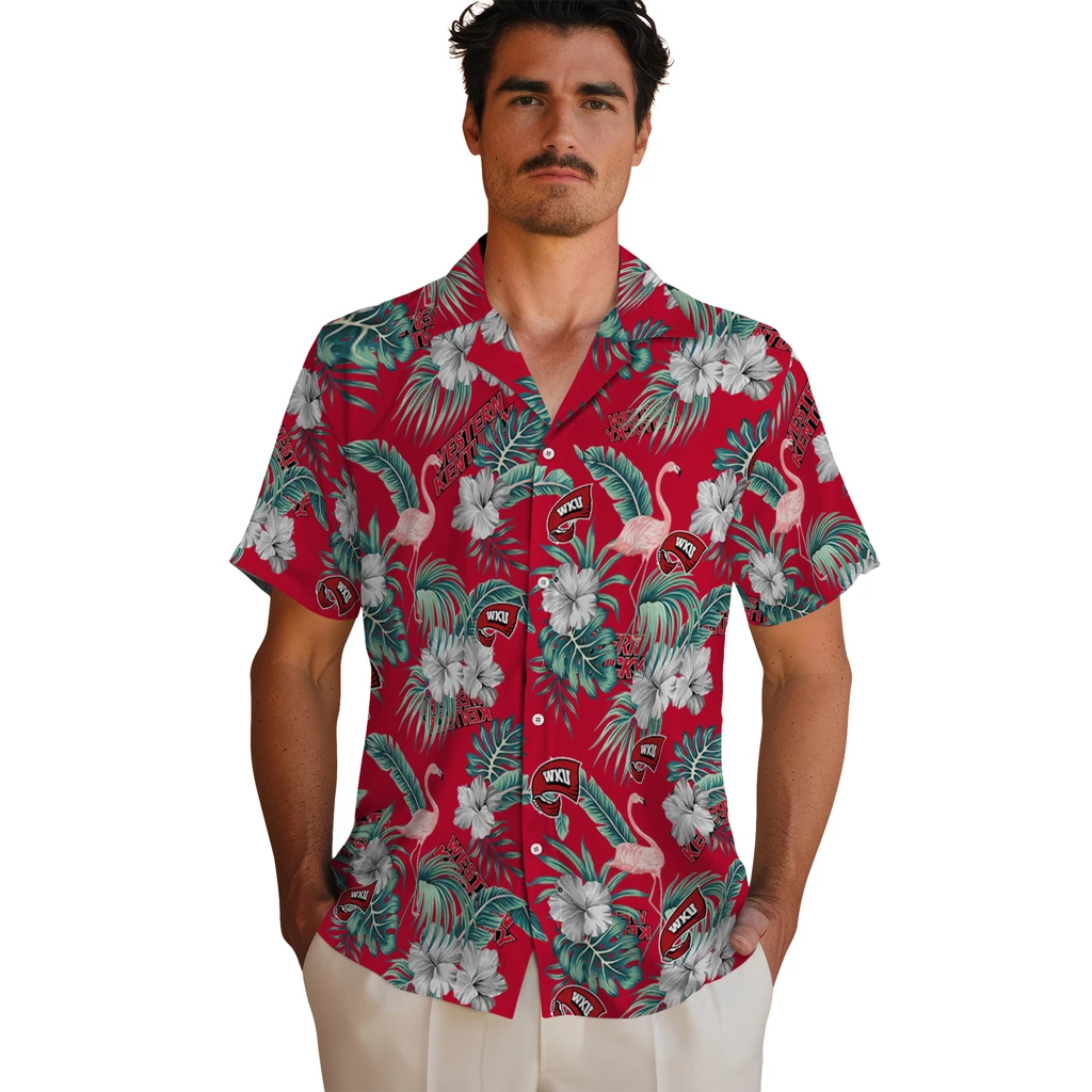 Western Kentucky Hilltoppers Hawaiian Shirt - Flamingo and Hibiscus western kentucky hilltoppers flamingo palms red hawaiian shirts fashion forward