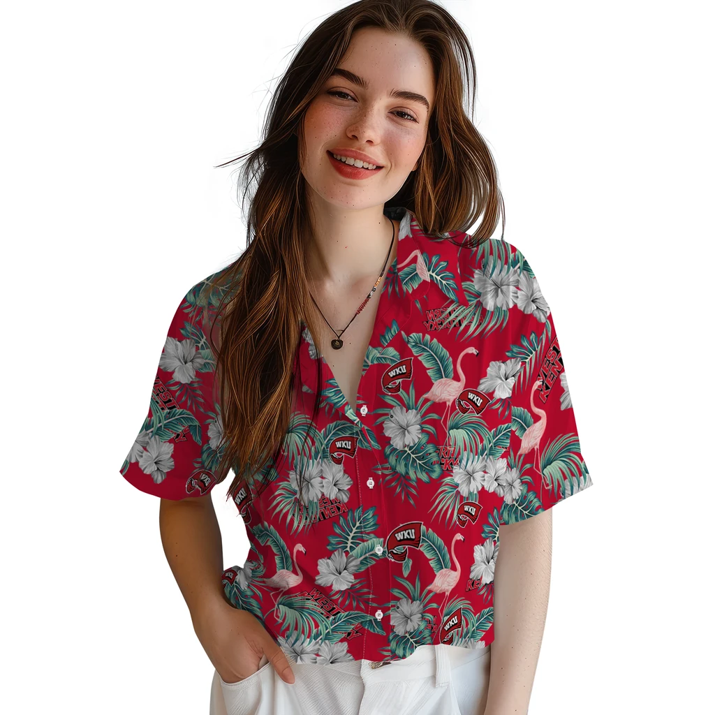 Western Kentucky Hilltoppers Hawaiian Shirt - Flamingo and Hibiscus western kentucky hilltoppers flamingo palms red hawaiian shirts latest model