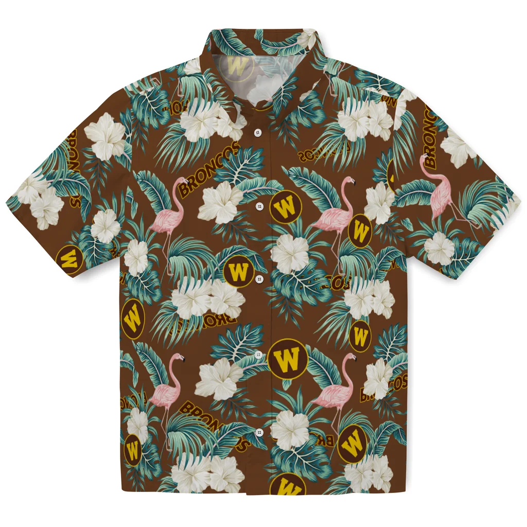Western Michigan Broncos Hawaiian Shirt - Flamingo and Hibiscus western michigan broncos flamingo palms brown hawaiian shirts best selling